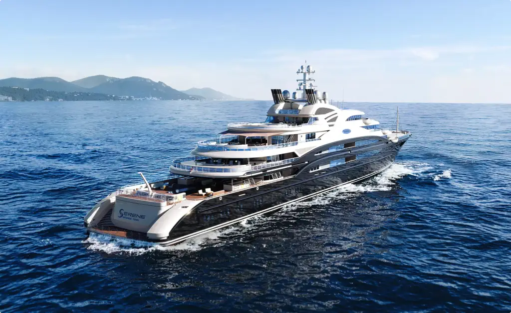 Heckansicht einer Luxusyacht im Yacht-Rendering-Portfolio mit gestaffelten Decks und Meereshorizont