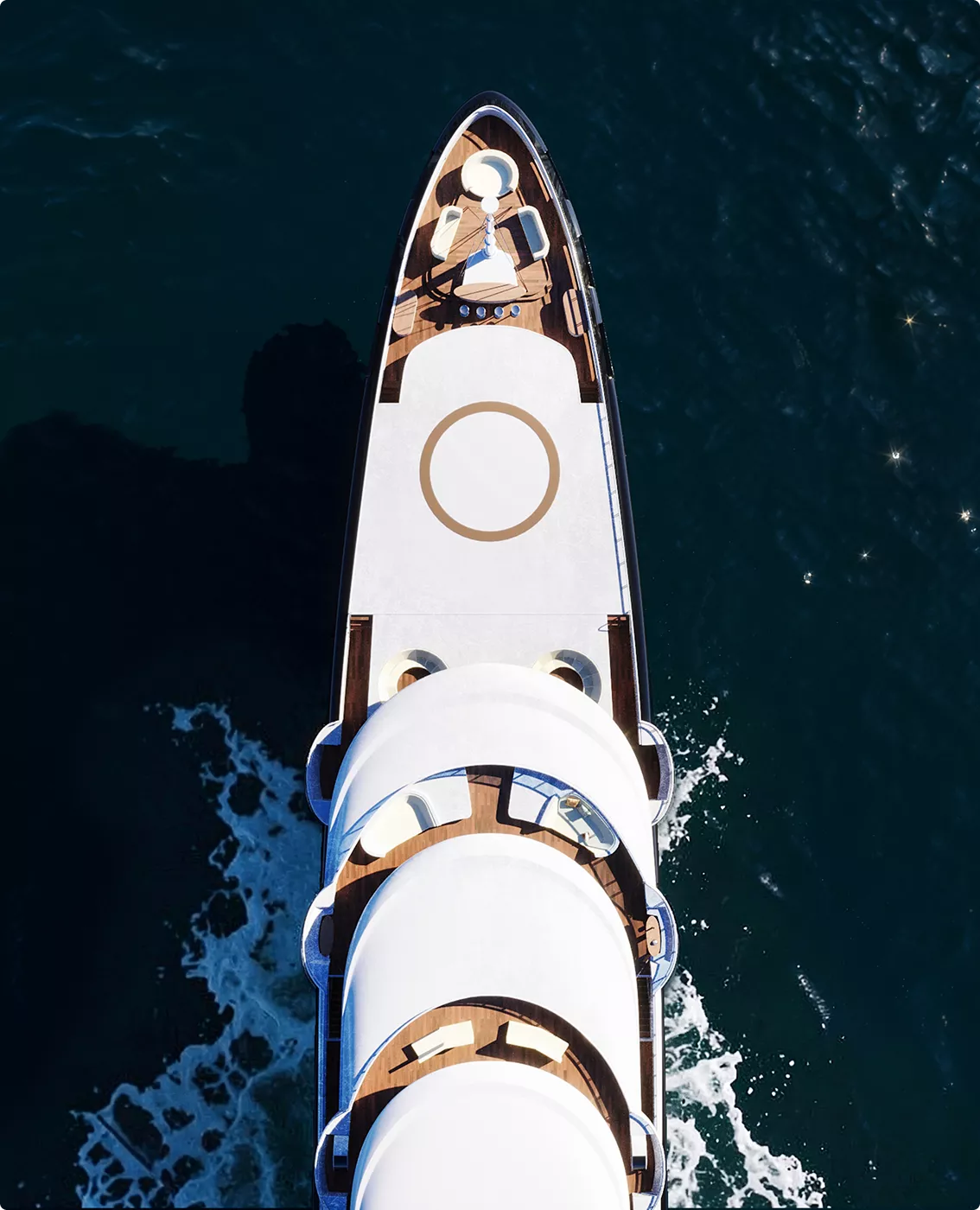 Draufsicht einer Luxusyacht im Yacht-Rendering-Portfolio mit Vordeck und Kielwasser