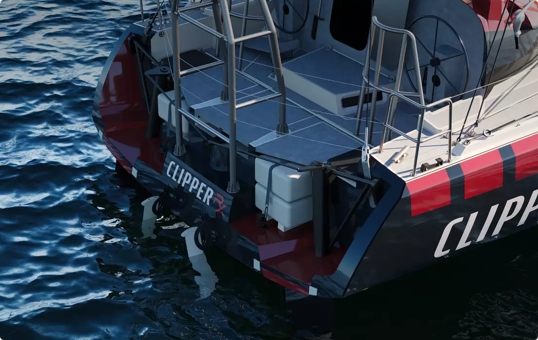 Yacht-Visualisierung: Nahaufnahme des Hecks einer Regattayacht mit Reling, Doppelsteuerrad und dunklem Wasser