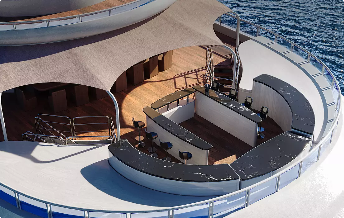 Yacht-Visualisierung einer Oberdeck-Bar mit geschwungenem Tresen, Barhockern, Sonnensegel, Reling und Meerblick