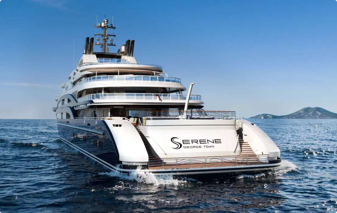 Yacht-Visualisierung einer großen weißen Superyacht auf offener See mit Decks, Relings und Bergen im Hintergrund