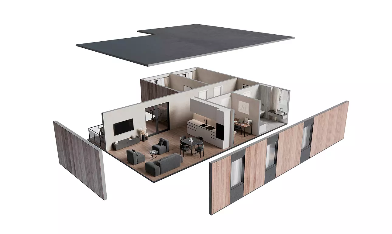 Perspective 3D floor plan render of a furnished two-bedroom apartment interior