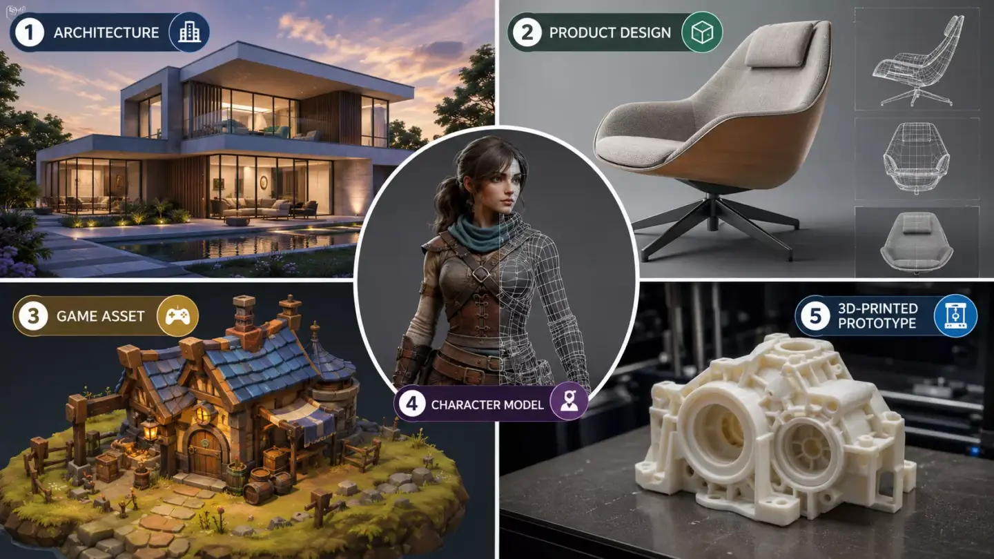 Five real-world 3D modeling examples: architecture, product design, game asset, character model, and 3D-printed prototype