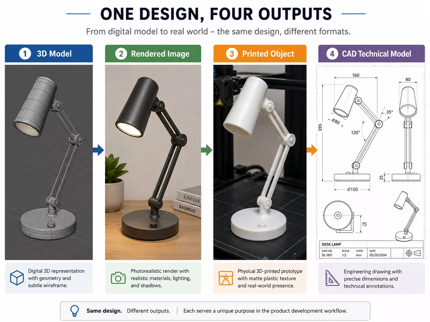 Infographic showing one desk lamp as four outputs: 3D model, rendered image, 3D-printed object, and CAD technical drawing