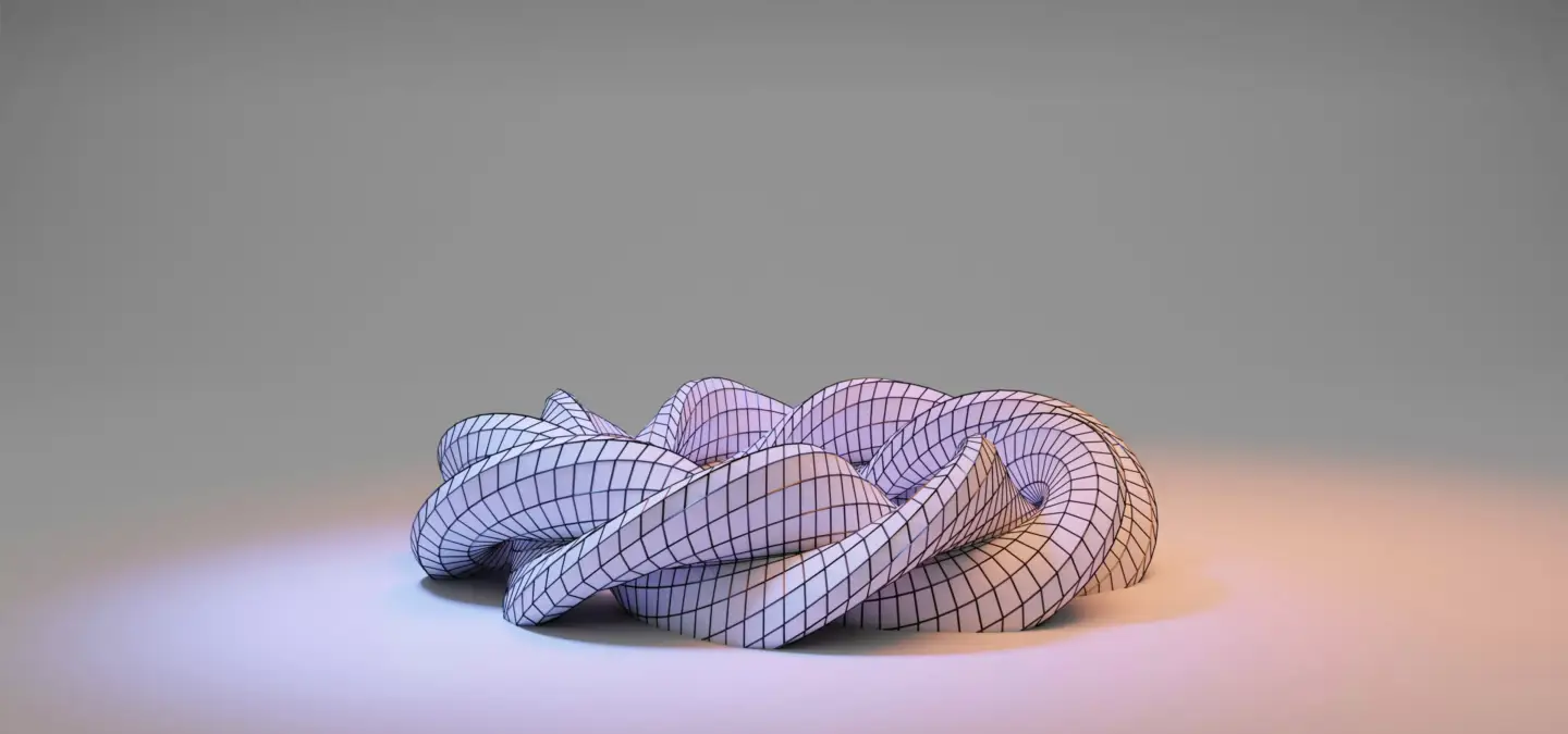 Wireframe mesh of a twisted organic 3D shape showing polygon topology on a neutral gradient background