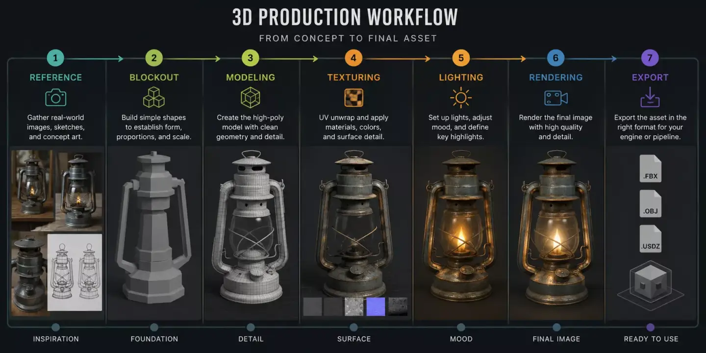 3D production workflow infographic with seven steps from reference to export illustrated using a vintage lantern