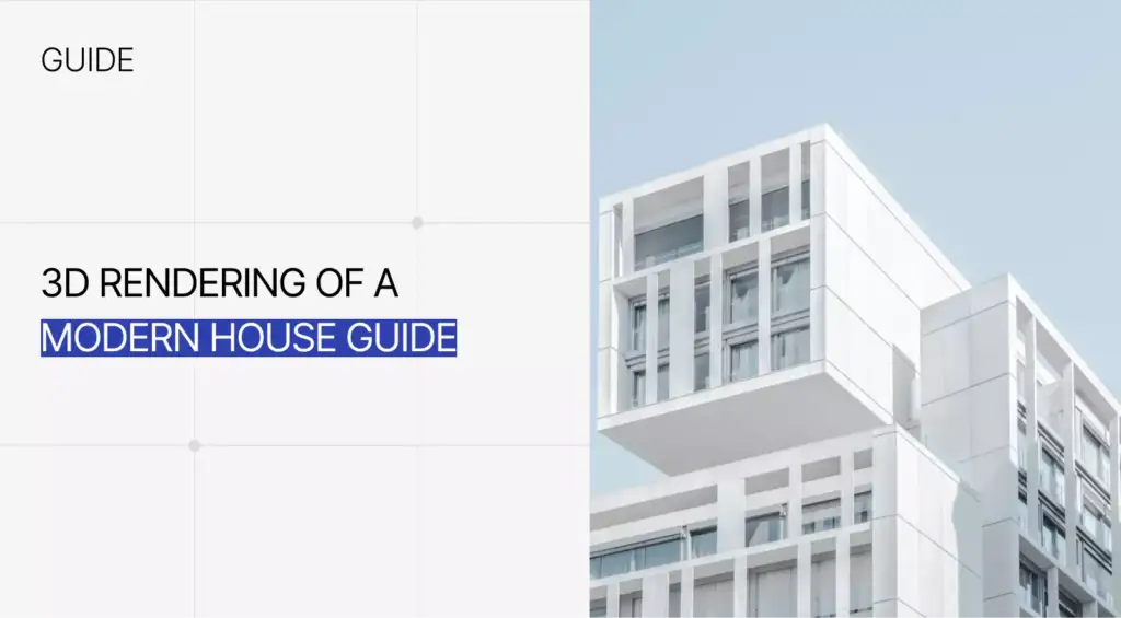 Photorealistic 3D rendering of a contemporary house with flat roof, large windows and open living spaces