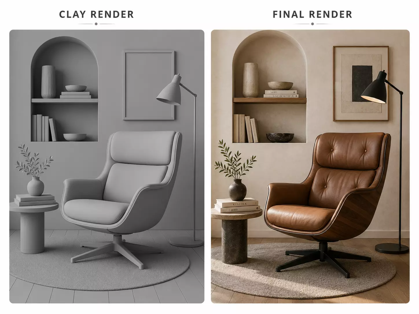 3D Rendering Process: From Digital Model to Photorealistic Result Post-production stage of 3D rendering with color correction and compositing in editing software
