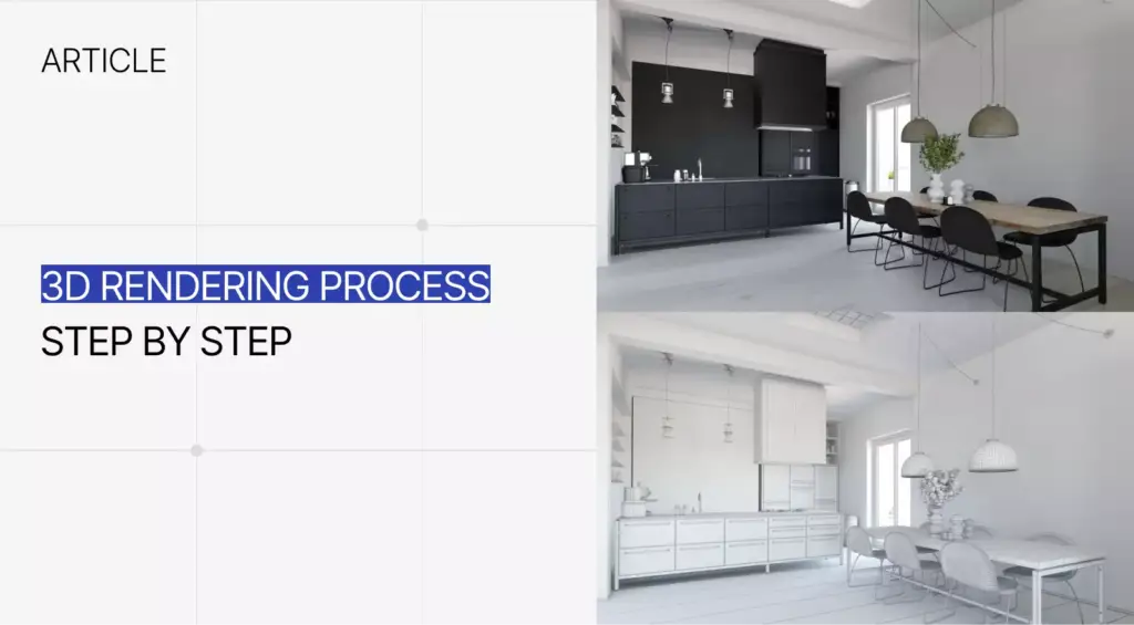 Step-by-step 3D rendering process showing modeling, materials, lighting and post-production stages