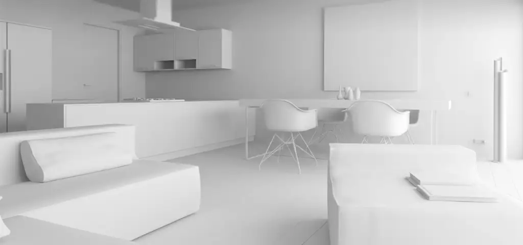 Processo de renderização 3D: modelo wireframe evolui por materiais e iluminação até o resultado final