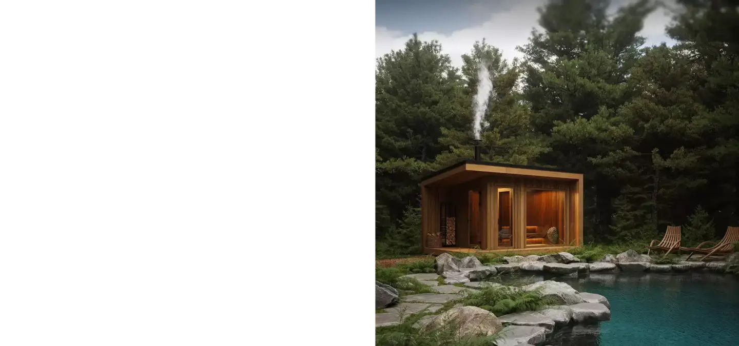 Architectural photomontage style image showing a wooden sauna cabin placed within a realistic forest landscape