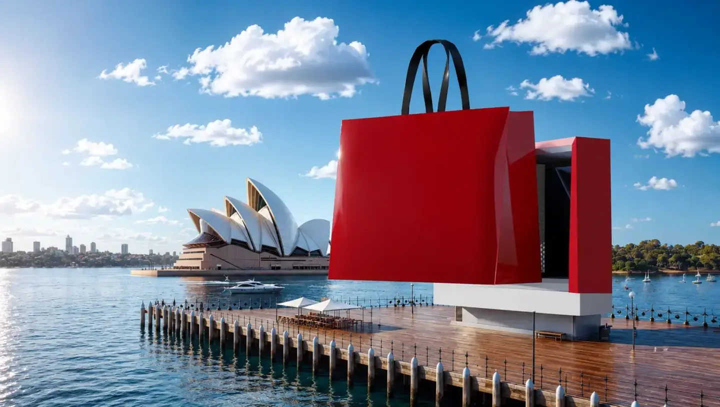 Red waterfront landmark near Sydney Opera House for property marketing CGI