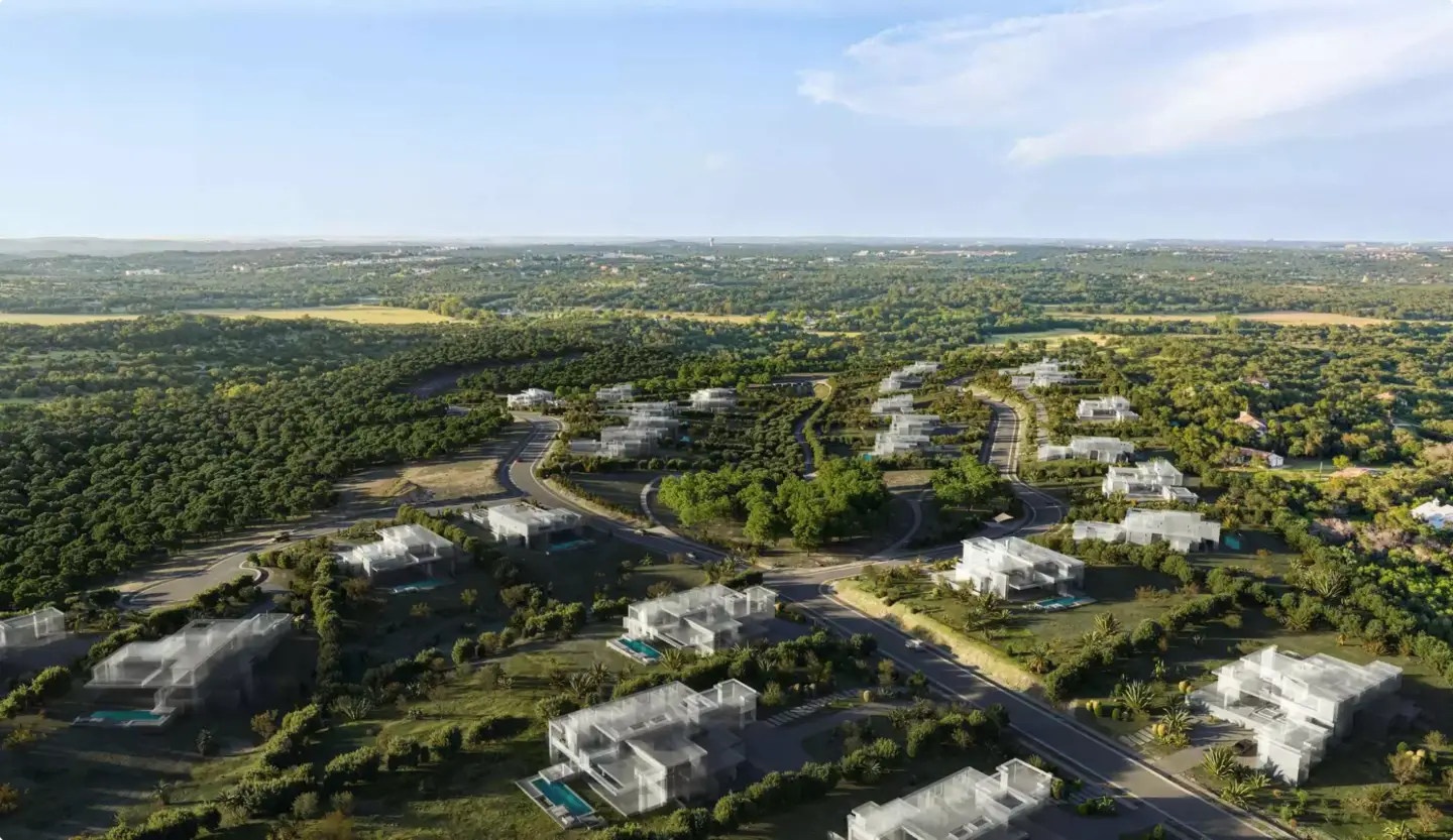 Aerial architectural visualization of villa community with roads, pools, trees, and rolling hills
