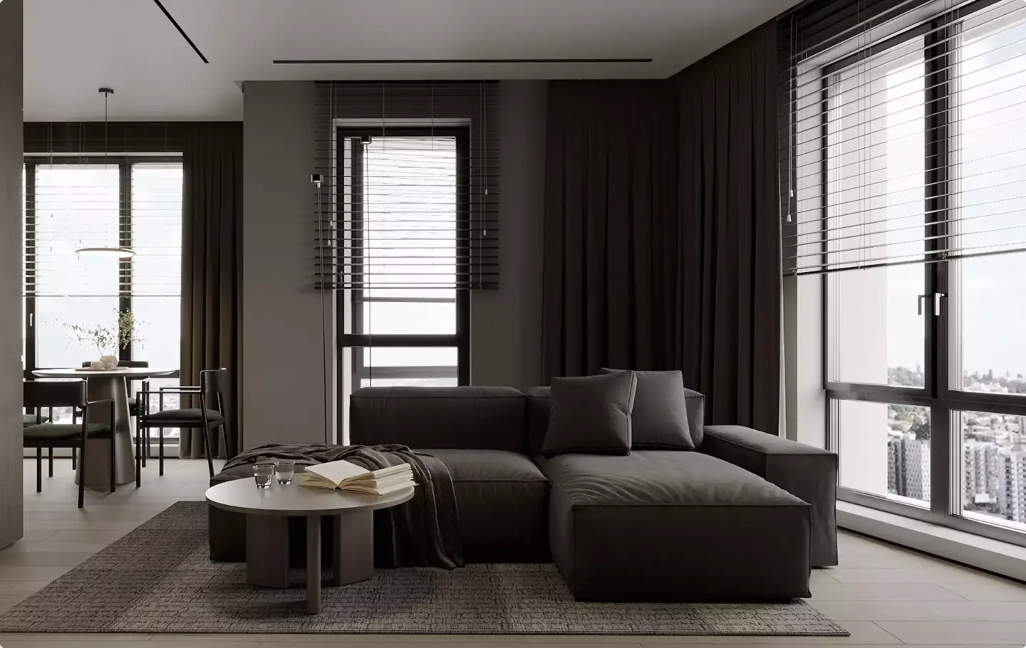 Top Architectural Animation Studios for Real Estate Marketing in 2026 Architectural animation studios render of dark minimalist living room with large windows