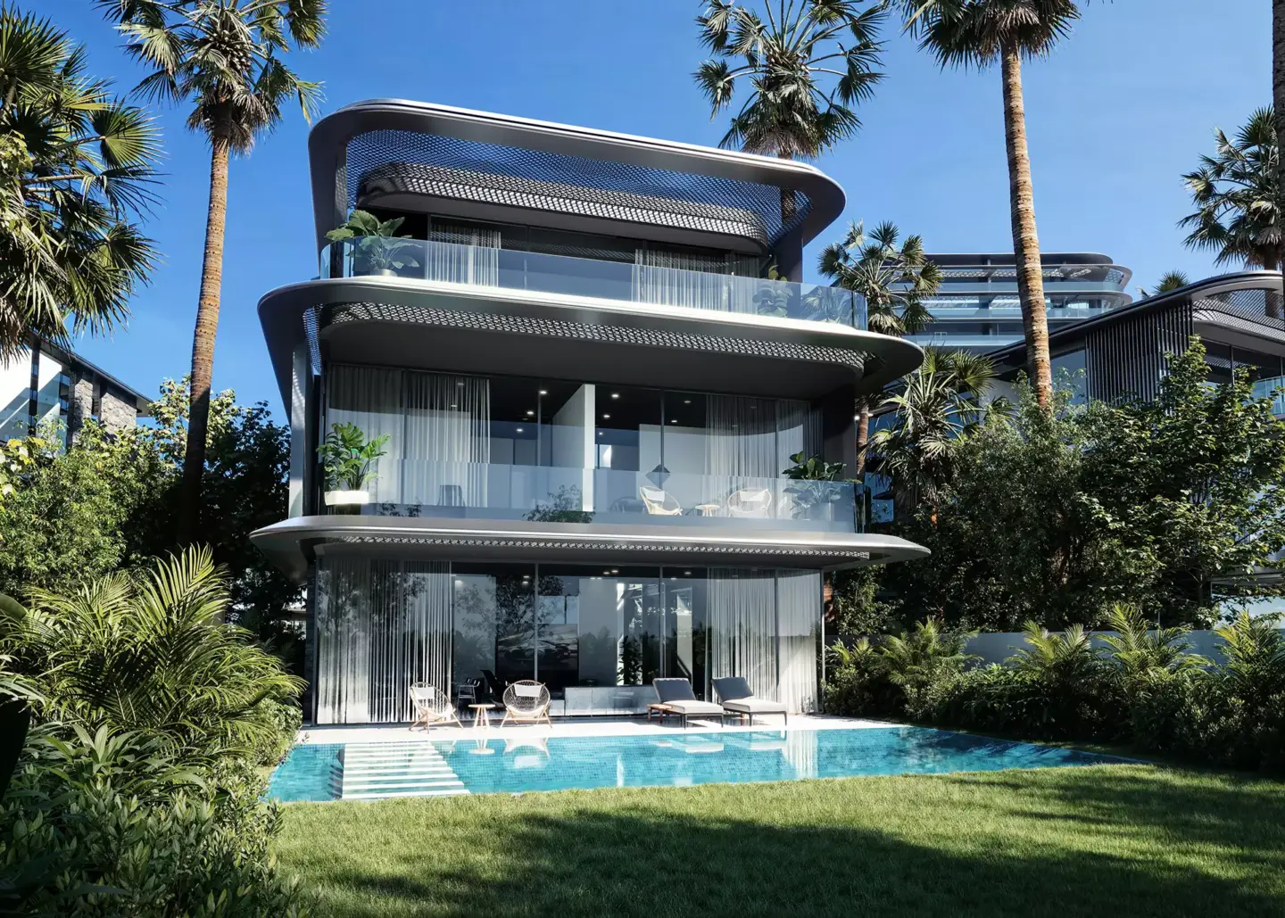 Top Architectural Animation Studios for Real Estate Marketing in 2026 Architectural animation studios render of modern villa with curved balconies and pool