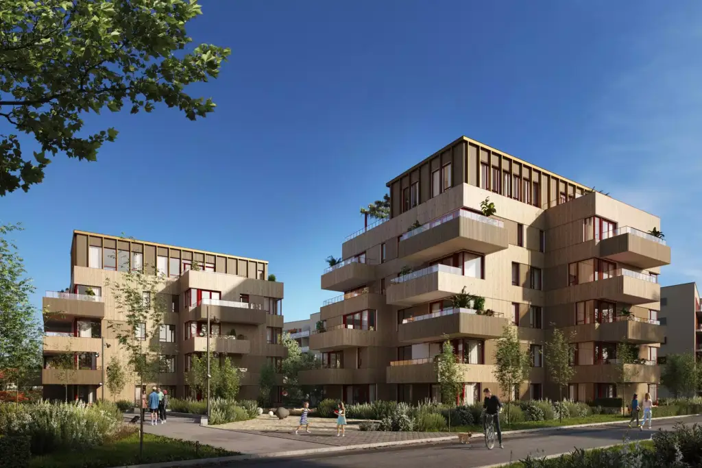 Render of two mid-rise apartment buildings with deep balconies along a tree-lined street