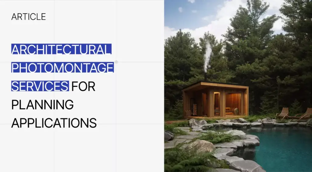 Article layout with text and cabin by pond image, Architectural Photomontage Services