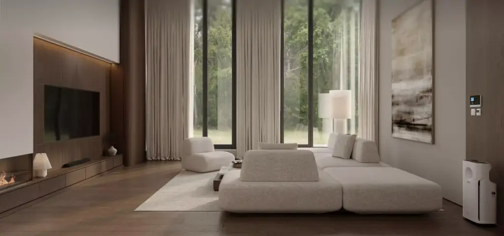 Architectural render of living room with sectional sofa, fireplace, tall windows, and wood floor