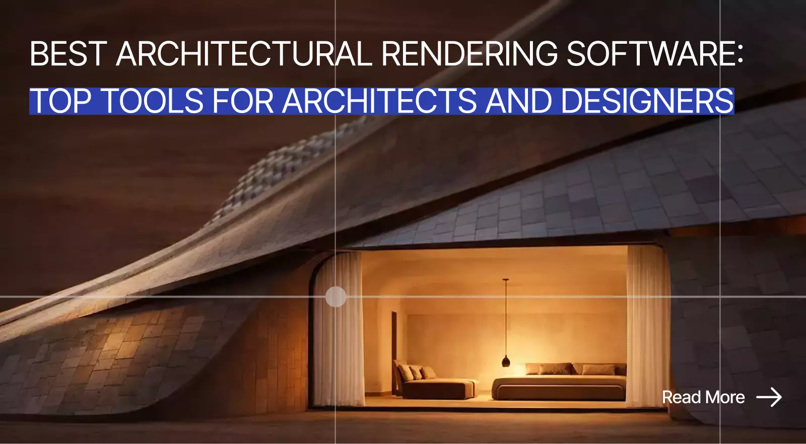 Curved modern home exterior architectural rendering at night with warm interior lighting and open living space