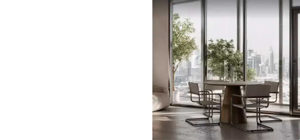 Render de un comedor moderno con mesa redonda, sillas y vistas a la ciudad a través de grandes ventanales