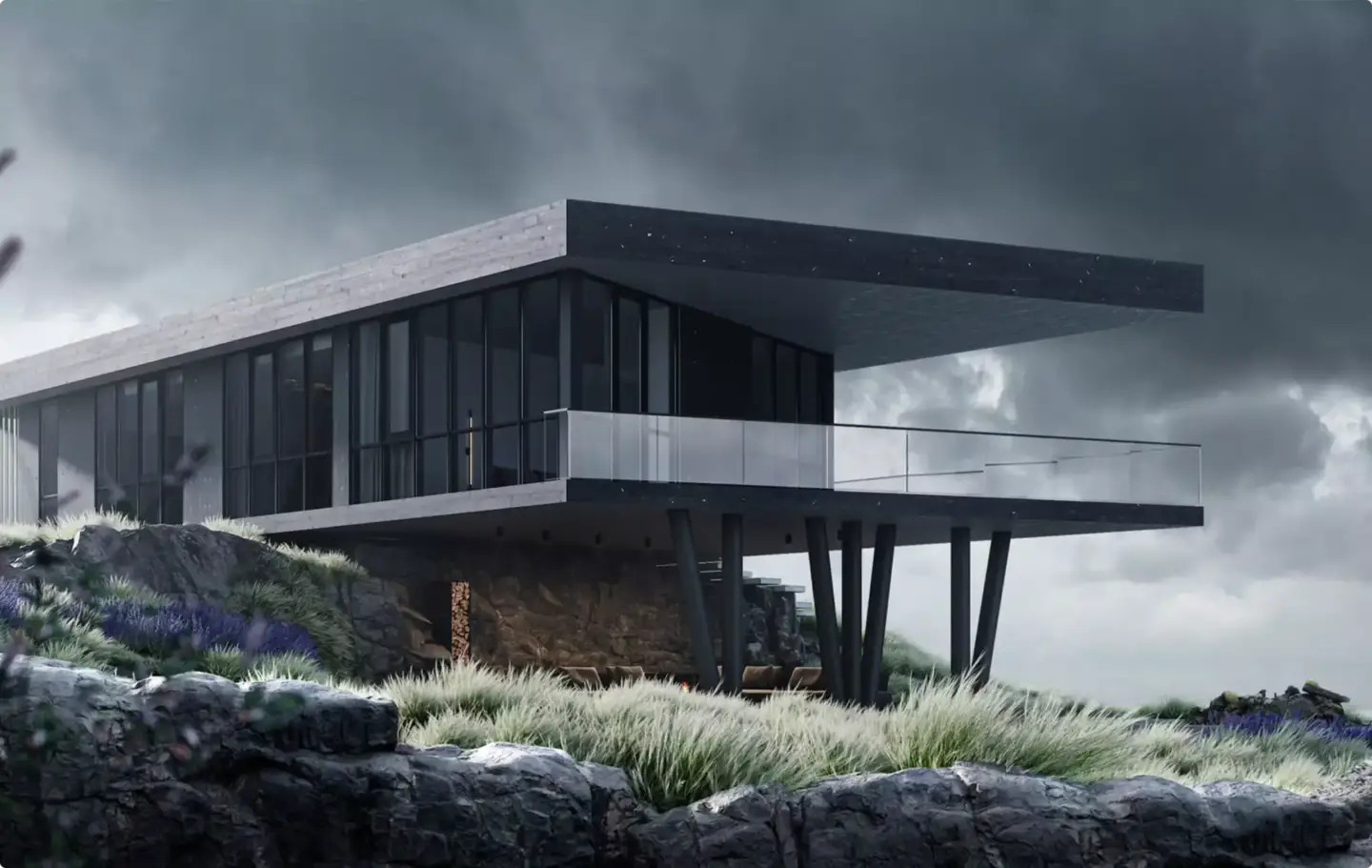 Contemporary glass house on rocky hillside under cloudy sky, Architectural Photomontage Services