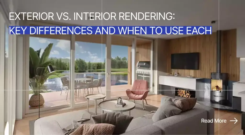 Interior living room architectural rendering with sofa, fireplace, and large glass doors to outdoor patio and pool