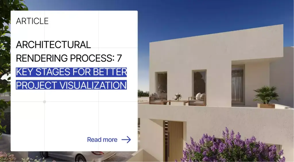 Modern house exterior architectural rendering with terrace seating and plants under clear blue sky