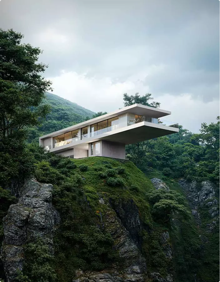 Modern cantilever house on cliff surrounded by forest under cloudy sky, Architectural Rendering Process