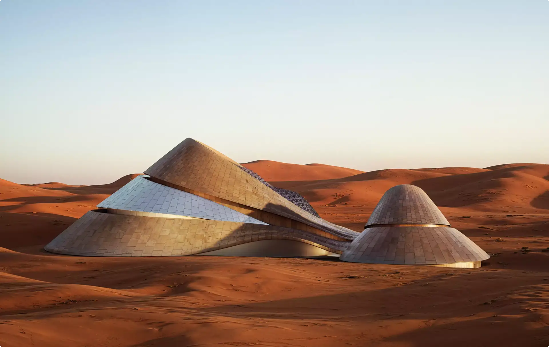 Futuristic curved structure in desert dunes with smooth metallic surfaces, Architectural Rendering Process
