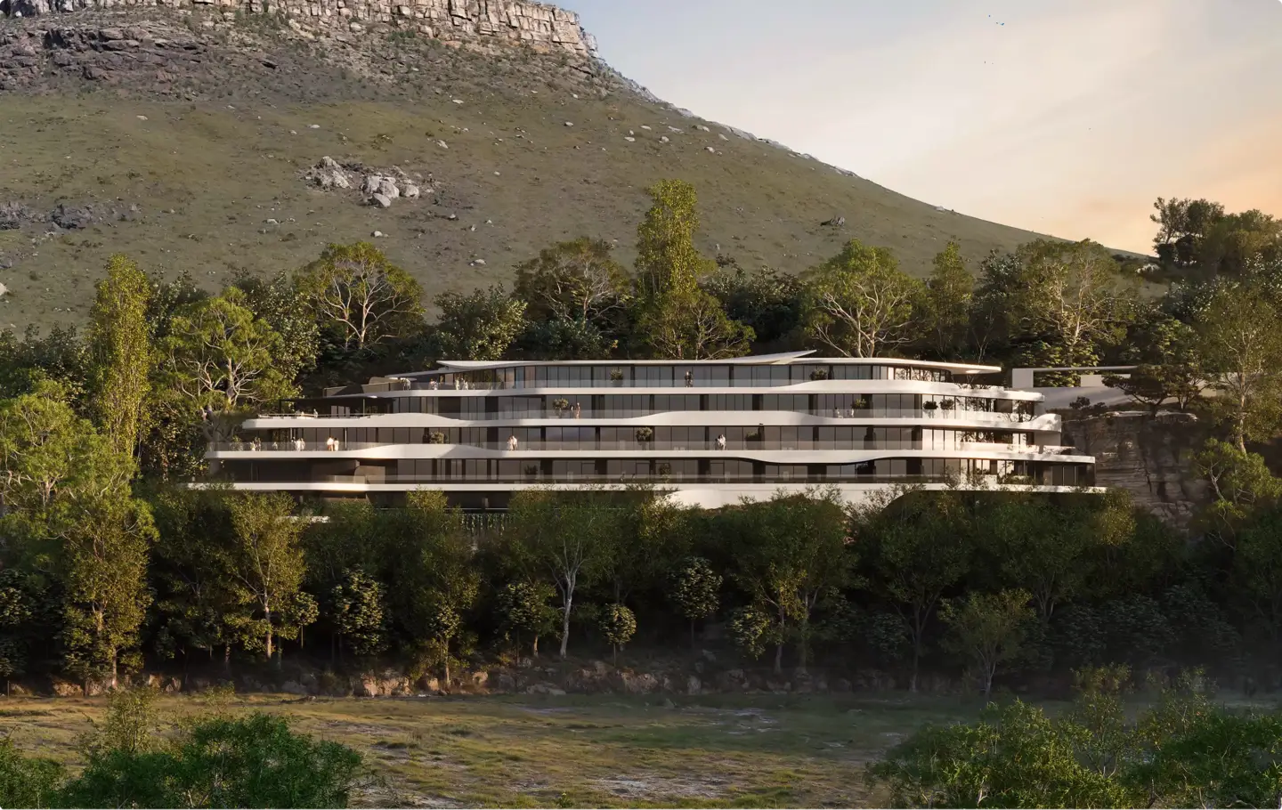 Terraced modern building in forest hillside setting with curved balconies, Architectural Rendering Process