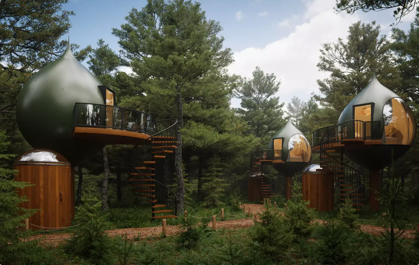 Treehouse cabins on stilts in forest with spiral stairs and glass fronts, Architectural Rendering Process