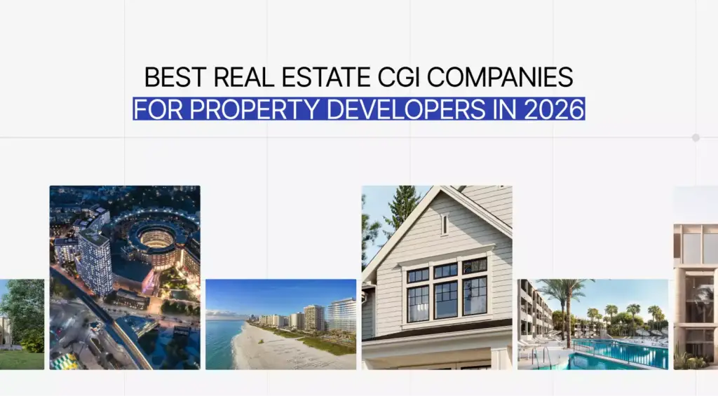 Real estate properties collage architectural rendering showing buildings, beach condos, and residential homes