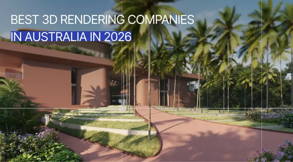 Architectural rendering banner with tropical resort, palm trees, curved path, and 2026 article text