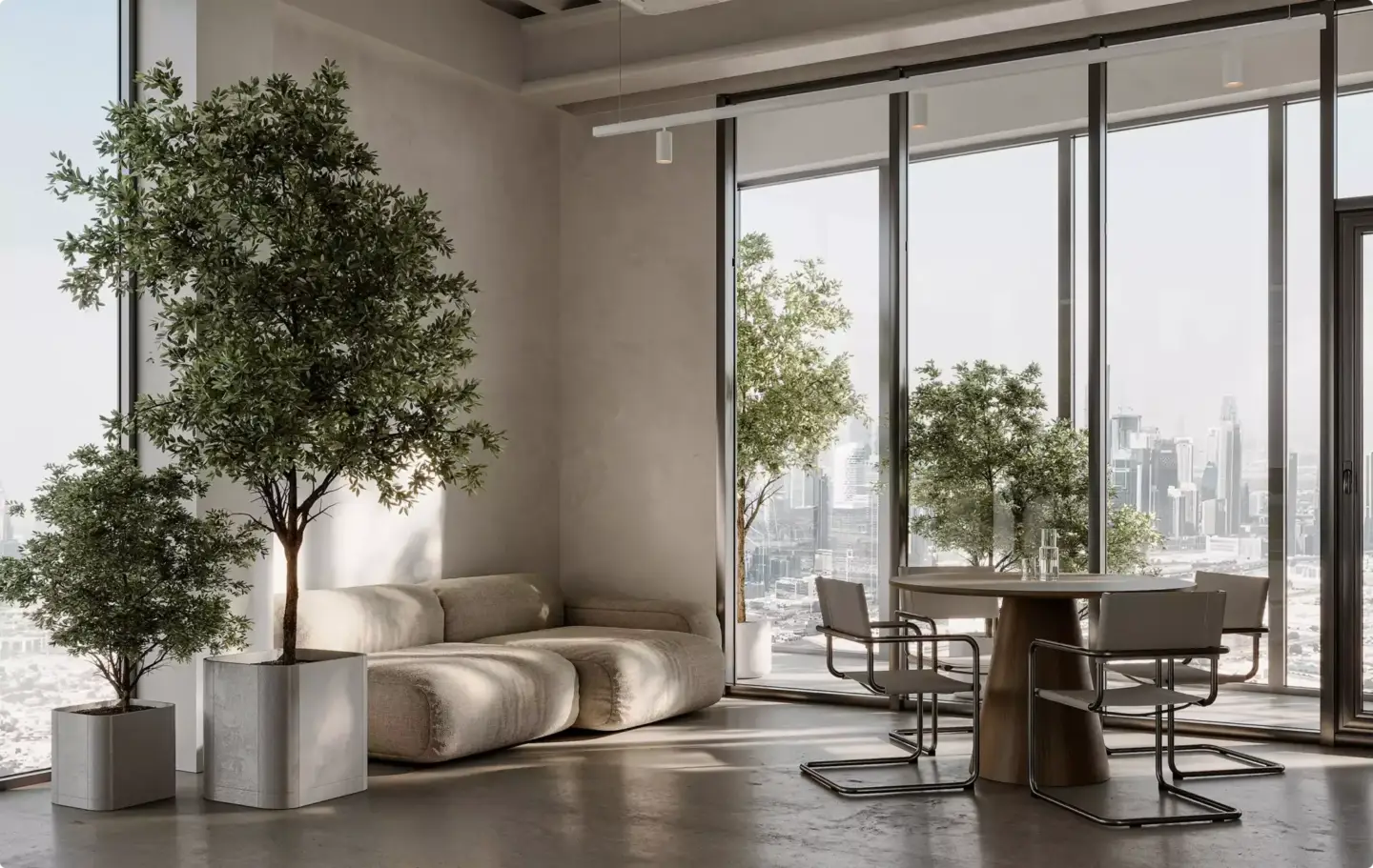 Best 3D Interior Rendering Companies in 2026 Minimalist dining area with city skyline windows and soft evening interior lighting