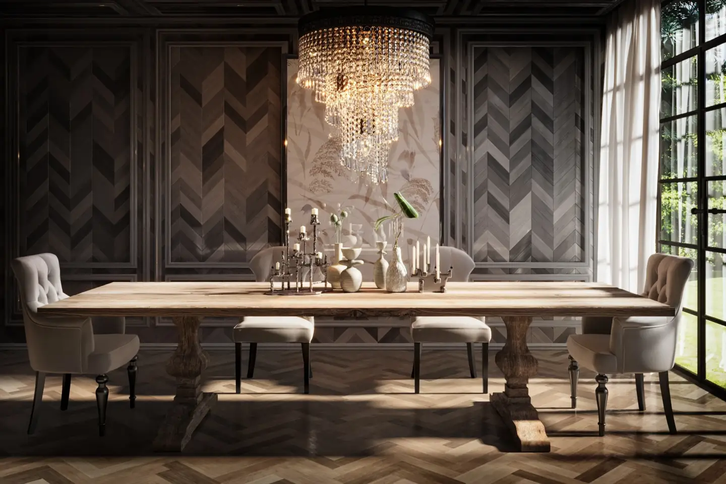 Best 3D Interior Rendering Companies in 2026 Elegant dining room with crystal chandelier, wood wall panels, and formal table setting