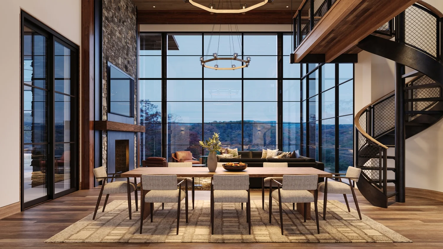 Best 3D Interior Rendering Companies in 2026 Luxury dining room with spiral staircase, tall windows, and warm interior lighting