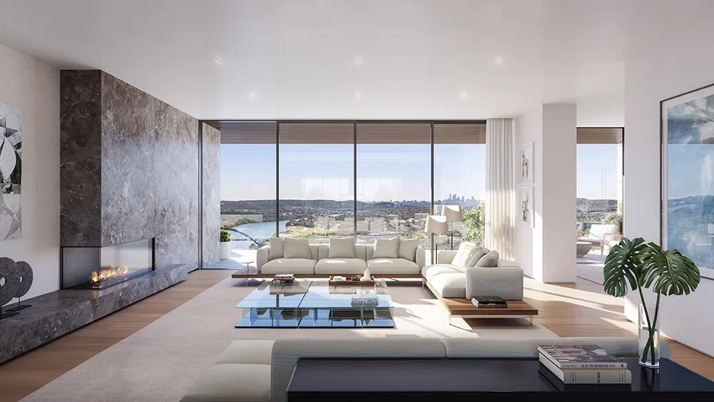Best 3D Interior Rendering Companies in 2026 Modern white living room with panoramic windows and clean architectural interior rendering