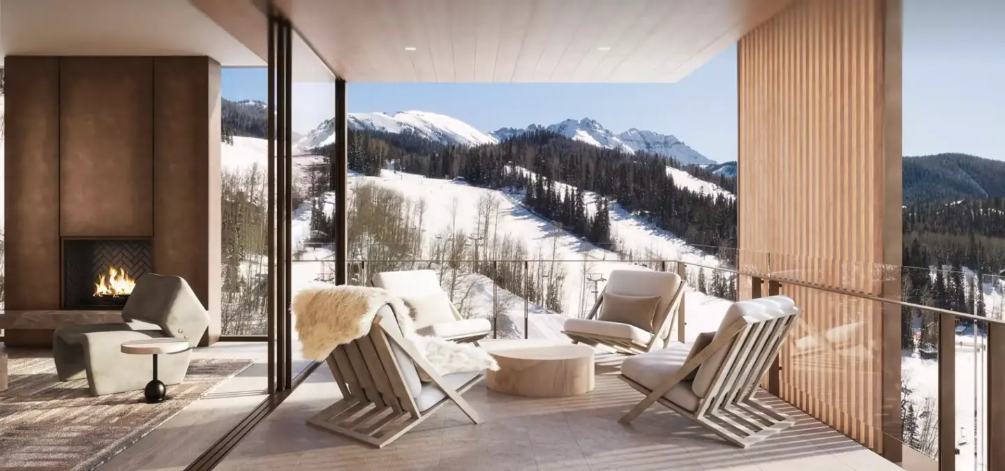 Best 3D Interior Rendering Companies showcase modern mountain terrace with fireplace and lounge seating