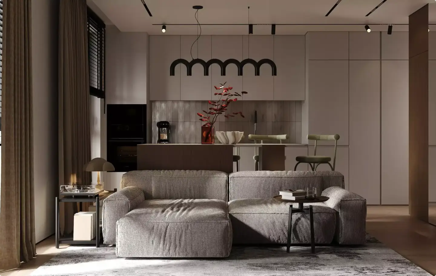 Best 3D Interior Rendering Companies in 2026 Open kitchen and lounge with textured sofa, black lighting, and FF&E visualization