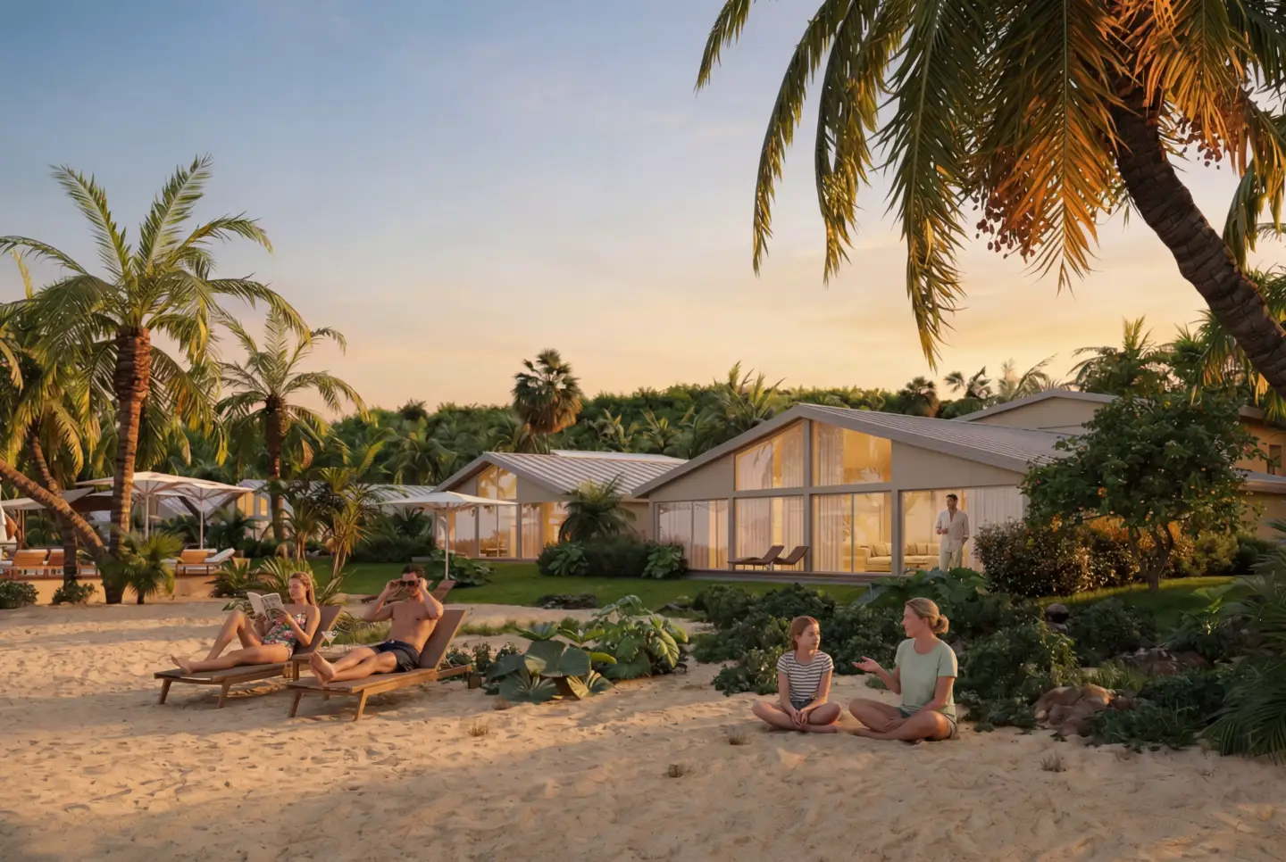 Beach resort villas with people relaxing at sunset, Best 3D Rendering Companies in Abu Dhabi for Real Estate & Architecture