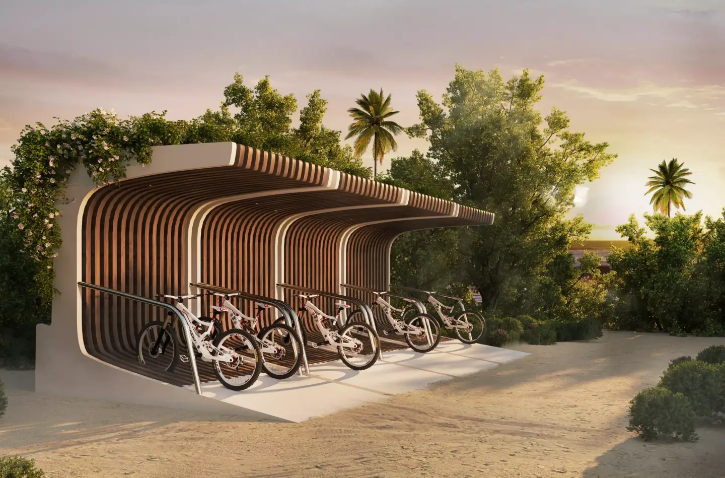 Modern wooden bike shelter with bicycles in landscaped park, Best 3D Rendering Companies in Abu Dhabi for Real Estate & Architecture
