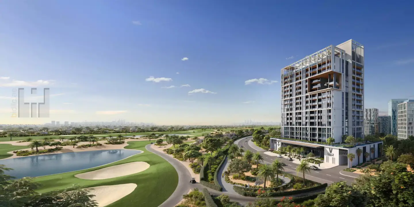 High-rise building near lake and road in cityscape, Best 3D Rendering Companies in Abu Dhabi for Real Estate & Architecture