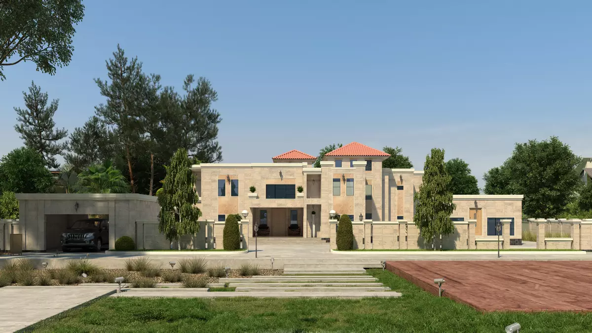 Large villa with courtyard and trees in suburban area, Best 3D Rendering Companies in Abu Dhabi for Real Estate & Architecture