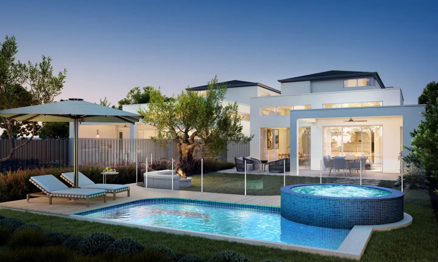 Modern villa with pool and garden at dusk, Best 3D Rendering Companies in Abu Dhabi for Real Estate & Architecture
