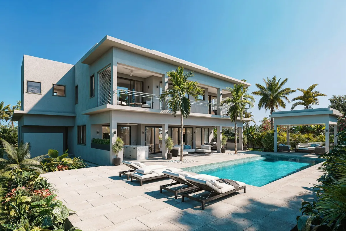 Modern villa with pool, patio seating and palm trees, Best 3D Rendering Companies in Abu Dhabi for Real Estate & Architecture