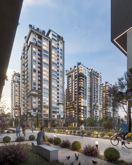 Residential towers with landscaped courtyard at dusk, Best 3D Rendering Companies in Abu Dhabi for Real Estate & Architecture