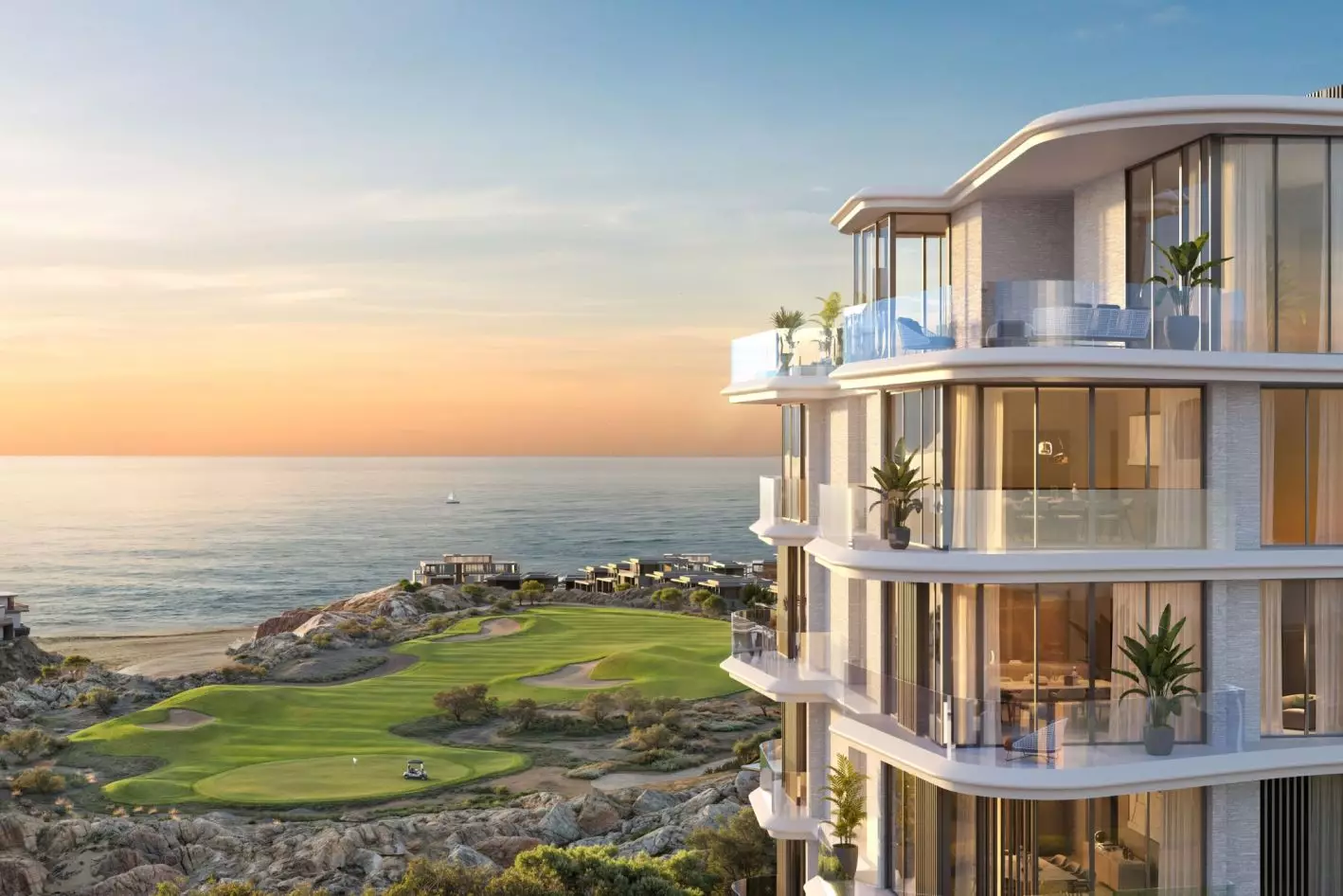 Seaside apartments overlooking golf course at sunset, Best 3D Rendering Companies in Abu Dhabi for Real Estate & Architectur