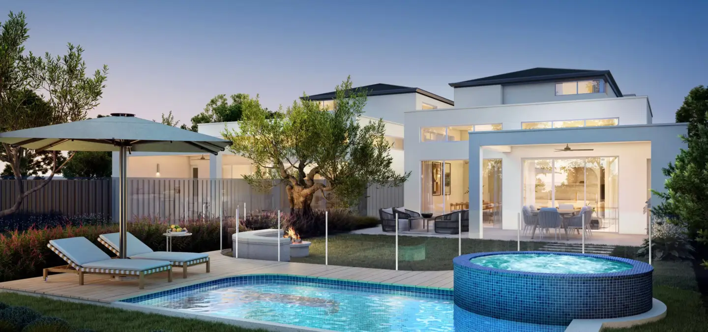 Modern villa with pool patio seating and garden at dusk, Best 3D Rendering Companies in Abu Dhabi for Real Estate & Architecture