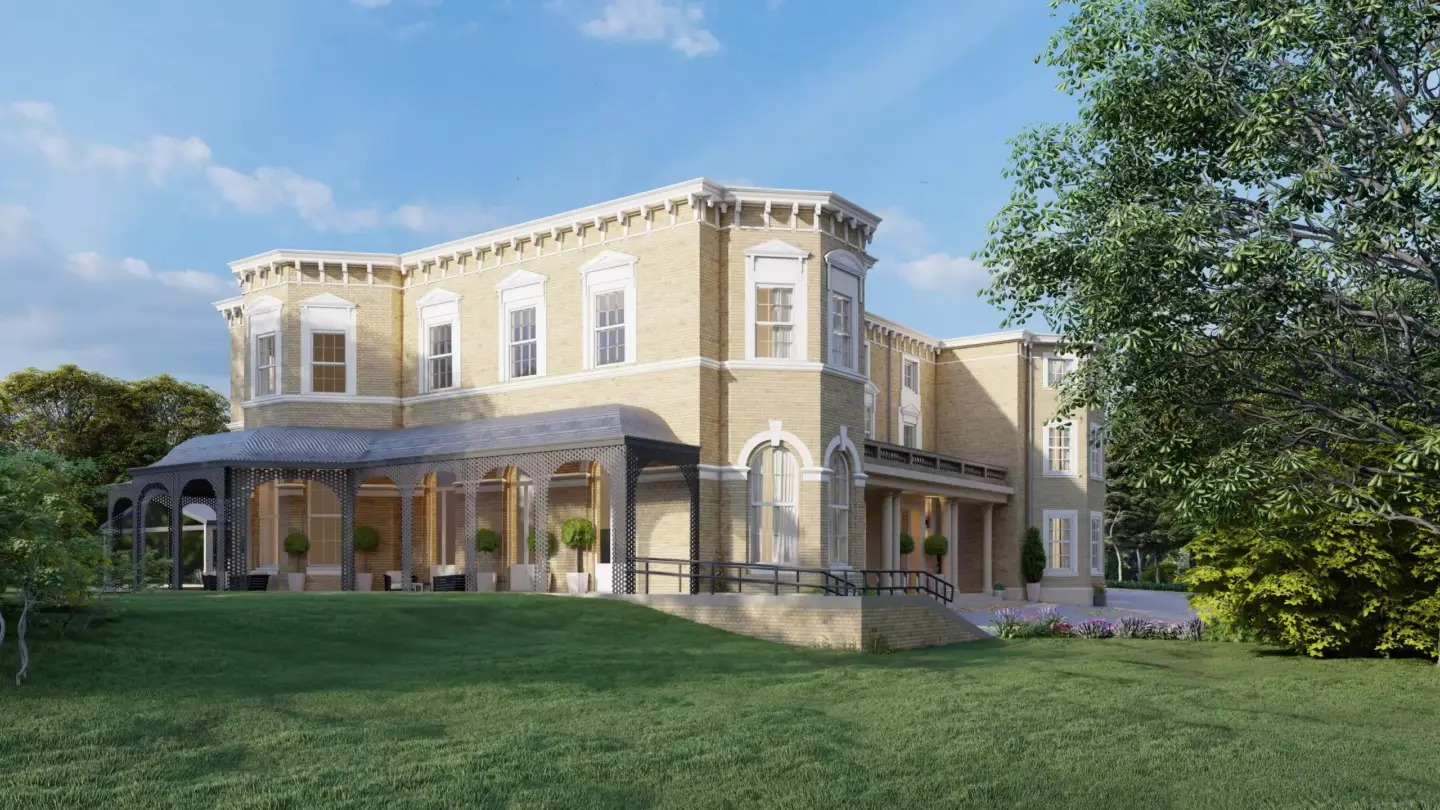 Classic mansion with lawn and trees in daylight, best real estate CGI companies for property developers in 2026