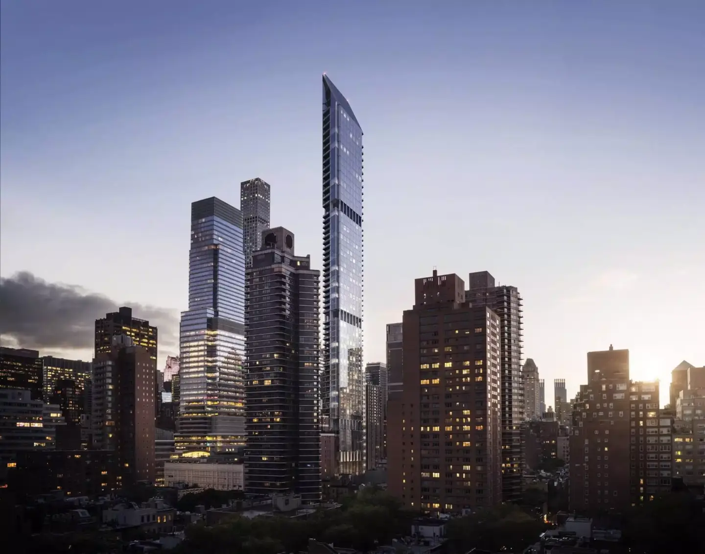 Modern glass skyscraper in a city at dusk, real estate rendering for high-rise property marketing